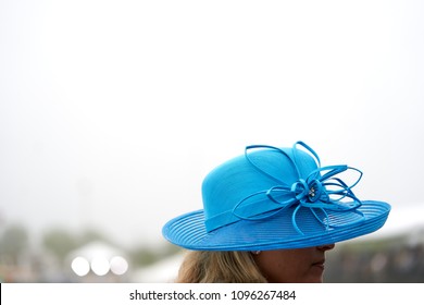 A Lady In A Blue Hat At A Horse Race.