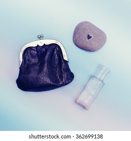 Lady Chic Set. Vintage Wallet, Perfume Aroma. Minimal Style