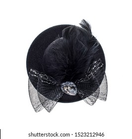 Lady Church Hat In Black Color With Ribbon, Feathers And Diamond