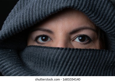 Lady Face Shot Studio Extreme Closeup Portrait. She Is Wearing A Burka.