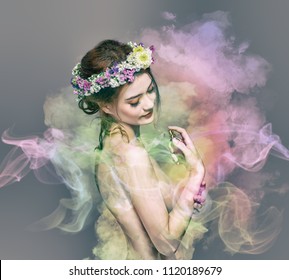 The Lady Of Flowers Is Half Blood Caucasian And Asian. She Is Fascinated With The Smell Of Colorful Perfume. She Was Spraying Perfume On Her Body Until Fume Drifted Around Her. Vintage Color Style.