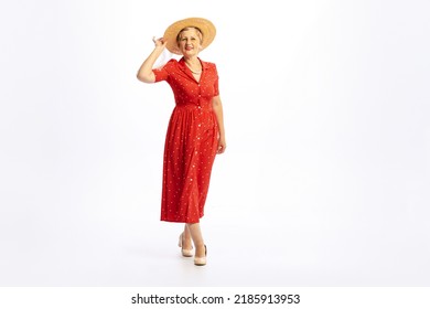 Lady In Hat. Portrait Of Beautiful Senior Woman In Retro Vintage Style Outfit Posing Isolated On White Background. Concept Of Beauty, Old Generation, Fashion, Emotions. Copy Space For Ad