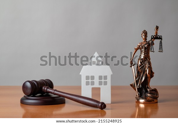 Lady Justice, Judge gavel and house. Concept of\
real estate auction or dividing house when divorce, division of\
property, real estate, law\
system.