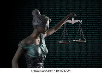 Lady Justice On Digital Background (Concept Of Artificial Intelligence Lawyer)