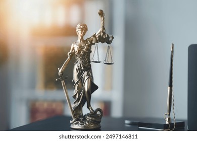 Lady justice statue holding scales and sword, symbolizing law, justice, and legal proceedings