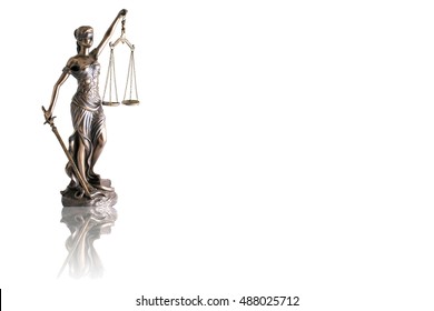 Lady justice or Themis with reflection  isolated on white background and space for text