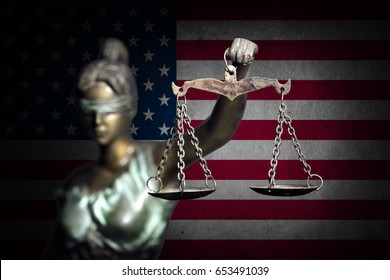 Lady justice with U.S flag background 