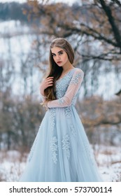 Lady in a luxury lush blue dress, fantastic shot, fairytale princess is walking in the winter forest, fashionable toning, creative computer colors. Fine art film colors. Incredible beauty snowflake