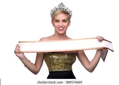 Lady Miss Pageant Winner Crowned With Sash Holding Up Blank Card Cute Fun Happy Beauty