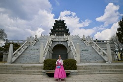 Back Of Two Women Wearing Hanbok Walking Through The Traditional Style ...