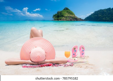 Lady Sleep And Relax On The Beach In Thailand Resort, This Photo Can Use For Travel, Relax, Beach, Summer, And Holiday Concept