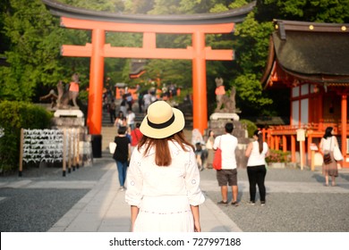 Lady Tourist Is Visiting Fujimi Inari In Kyoto, Japan