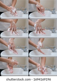 Lady Washing Hand With Soap And Water To Prevent The Spread Of Bacteria And Virus. Personal Hygiene Concept. Hand Wash Instruction. Wash Hand In Basin. Corona Virus Prevention