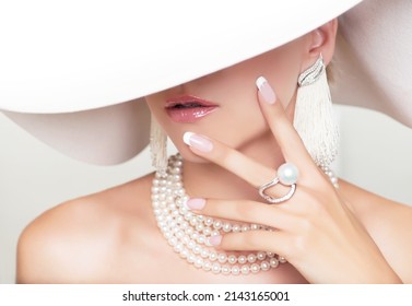 Lady In White, French Nails With White Hat 