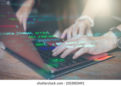 Lady or women she is programmer. She is coding for developer website and application. She hand have technology device or computer. And on image have code is foreground and background is women.