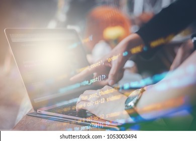 Lady or women she is programmer. She is coding for developer website and application. She hand have technology device or computer. And on image have code is foreground and background is women.
