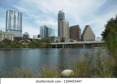 Ladybird Lake With Austin Skyline And Bridge.