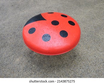 a ladybird with raindrops on a playground on a rainy day