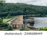 Ladybower Reservoir Dam, large Y-shaped reservoir in the Upper Derwent Valley, at the heart of the Peak District National Park, Derbyshire, England, UK