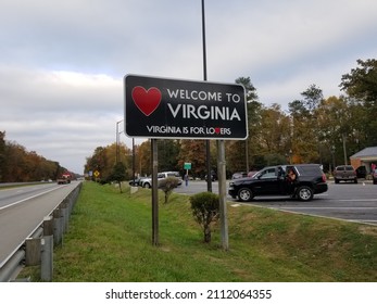 Ladysmith, VA, USA - 05-11-2017: A  Virginia welcome sign showing the state's moto "Virginia For Lovers" at a rest area on I-95 southbound 