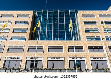 Laeken, Brussels / Belgium - 02 25 2019: Modern rectangular design facade of the Herman Teirlinck building, the main administrative office of the Flemish government