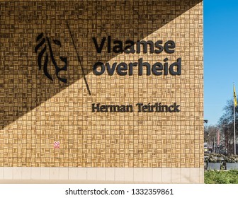 Laeken, Brussels / Belgium - 02 25 2019: Logo of the Flemish government at therectangular facade of the Herman Teirlinck building, the main administrative office