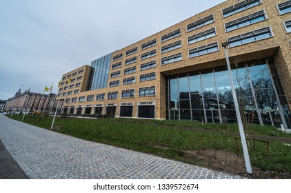 Laeken, Brussels / Belgium - 03 09 2019: Modern rectangular design facade of the Herman Teirlinck building, the main administrative office of the Flemish government