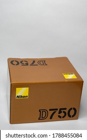 LAFAYETTE, L.A. / USA - JULY 28, 2020: A Nikon D750 Camera Box, Original Package, On A White Isolated Background.