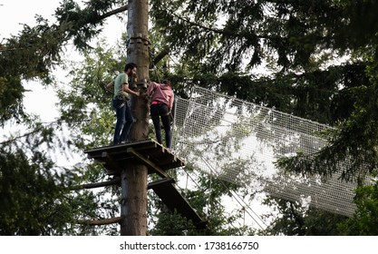 Lage Vuursche Netherlands 20 May 2020 Man And A Woman Standing On A Zip Line Course In The Trees