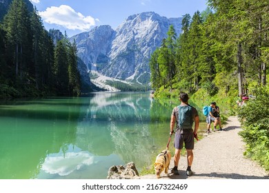 LAGO DI BRAIES, ITALY, August 8, 2021: Pragser Wildsee or Lago di Braies. Italian Alps, Dolomites, UNESCO world heritage site, Fanes-Senes-Braies nature park, South Tyrol, Trentino-Alto Adige, Italy