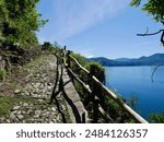 Lago Maggiore seen from Via delle Genti, a hiking trail connecting Cannero with Cannobio. Upper Italian lakes, Piedmont, Italy.