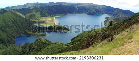 Lagoa do Fogo, crater lake within the Agua de Pau Massif stratovolcano, panoramic shot, Sao Miguel Island, Azores, Portugal - August 2, 2022