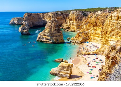 LAGOA, PORTUGAL - CIRCA SEPTEMBER, 2017: View from the top of Marinha Beach viewpoint, located in the city of Lagoa and one of the most beautiful in the tourist region of the Algarve, in Portugal