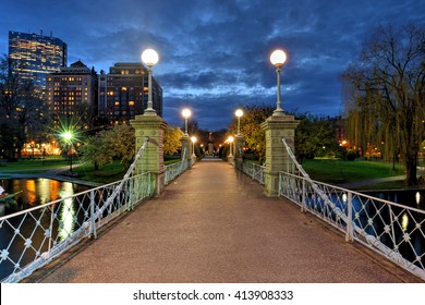 Lagoon Bridge At Night In Boston Public Garden