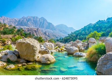 Lagoon with turqoise water in Wadi Tiwi in Oman.