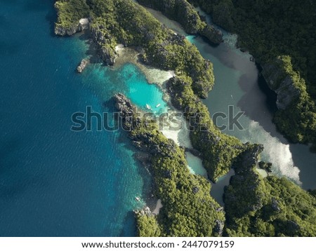 Similar – Image, Stock Photo Miniloc Island with limestone cliffs. Aerial drone panoramic picture. Bacuit Archipelago, El Nido, Palawan, Philippines