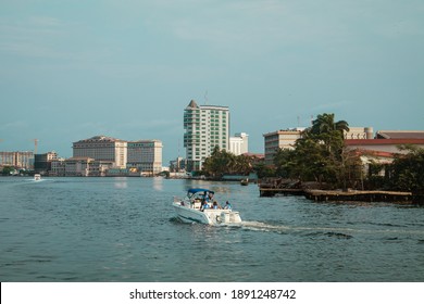 Lagos Island, Lagos Nigeria - December 20 2020: Cityscape and skyline of Lagos Island, Ikoyi, Victoria Island through the ocean and lagoon.
