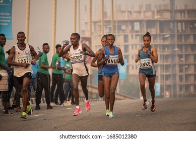 Lagos, Lagos / Nigeria - February 8 2020: Access Bank Lagos City marathon, Top Women runners make it across the Lekki Ikoyi Bridge