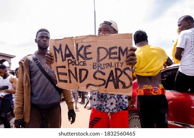 LAGOS, NIGERIA - OCTOBER 12, 2020: Group Of Nigerian Youths Protesting Around The City About End Sars In Nigeria.