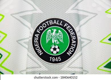 Lagos, Nigeria - October 25 2020: New Nigeria And Nike Collaboration Home Football Soccer Shirt For International Games. Logo Detail And Performance Vaporknit. Popular Hype Culture Fashion.