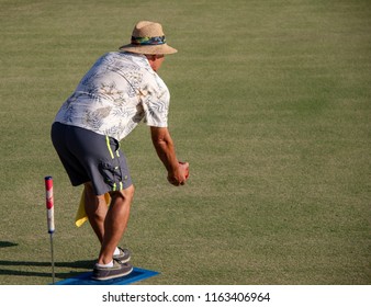 Laguna Beach, CA / USA - 08/23/2018: A Man Playing Lawn Bowling