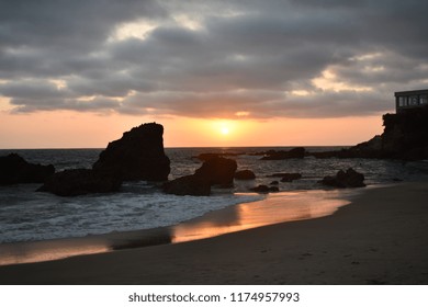 Laguna Beach California, Labor Day Weekend 2018: An Orange Sunset At Perl Street Beach. 