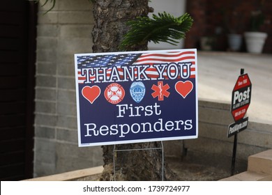 Laguna Beach, California / USA - 05 22 2020 : Thank You First Responders Sign In Front Of A Home For Healthcare Worker Amid Of COVID-19 Pandemic