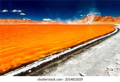 Laguna Colorada Lake in Bolivia. Laguna Colorada lake. Orange lake in Bolivia. Laguna Colorada Lake