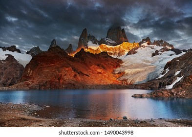Laguna de Los Tres and mount Fitz Roy, Dramatical sunrise, Patagonia, Argentina