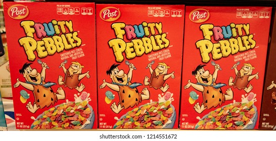 Laguna Hills, CA / 10/28/2018: Post Fruity Pebbles Cereal On Display At A Local Grocery Store