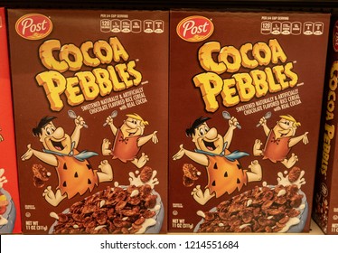 Laguna Hills, CA / 10/28/2018: Post Cocoa Pebbles Cereal On Display At A Local Grocery Store