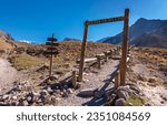 Laguna Horcones Trailhead Table Sign with Directions, Mount Aconcagua Provincial Park Landscape.  Scenic Andes Mountain Range Hiking, Mendoza Argentina