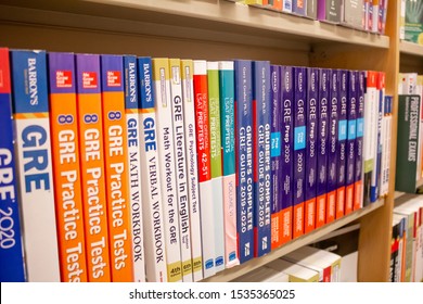 Laguna Niguel, California/United States - 09/19/2019: Several Books On A Shelf At A Local Bookstore Chain On The Subject Of Studying For The GRE Test