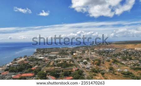 Lahaina from above, along the coast in west Maui, Hawaii. Aerial shot April 11, 2023.  The village of Lahaina burned down four months later, on August 8, 2023.